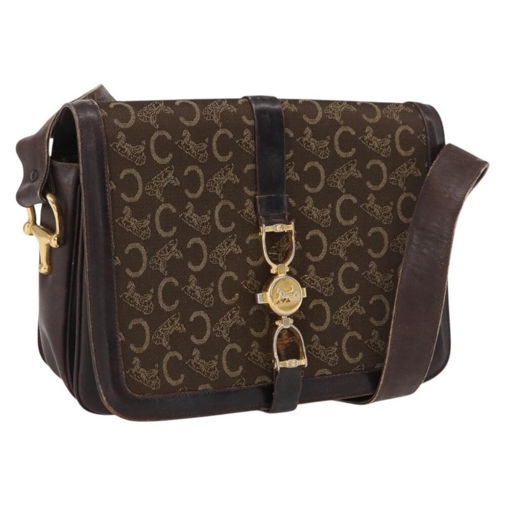 Authentic CELINE C Sulky Shoulder Bag Canvas Brown Gold